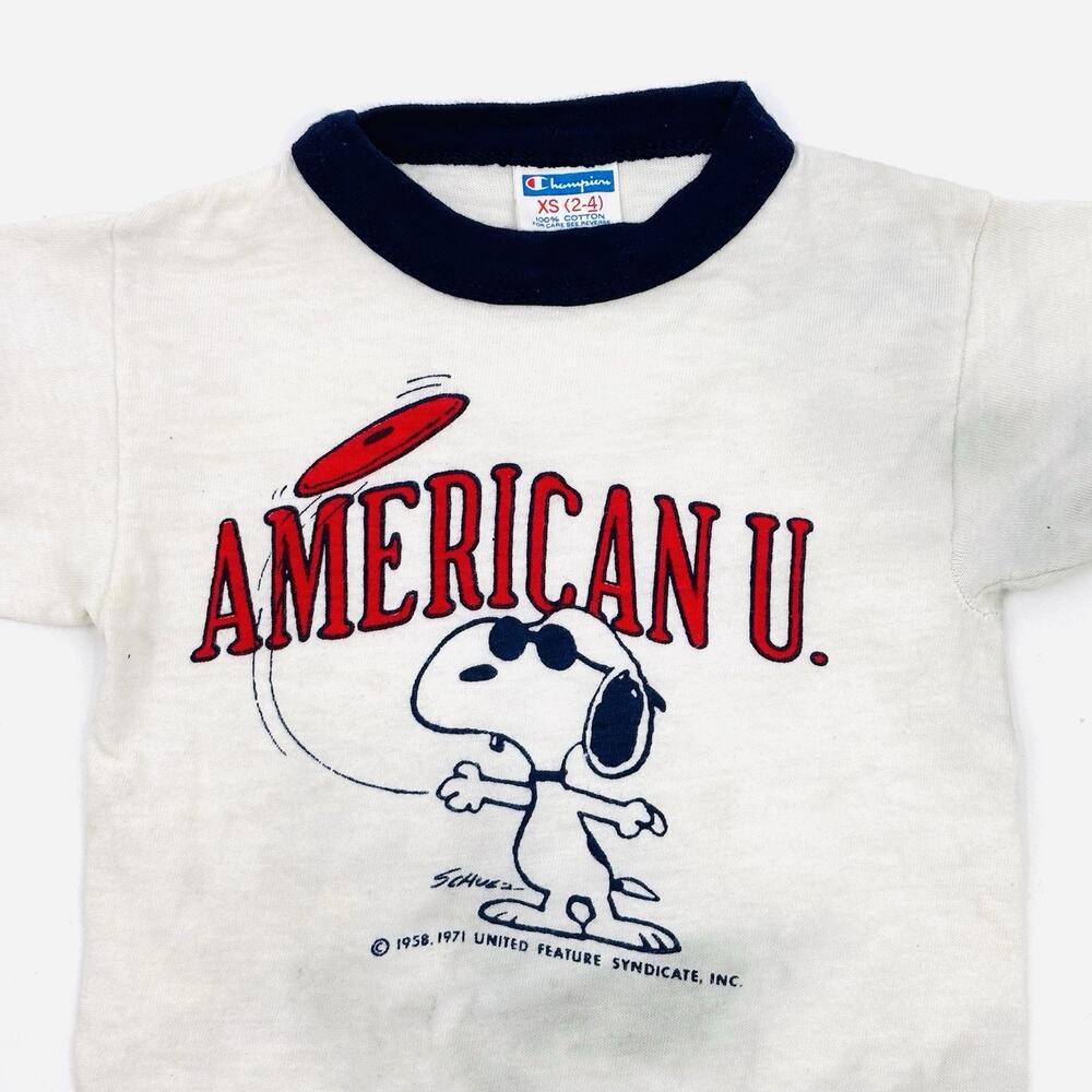 True Vintage 70s Champion Blue Bar Snoopy T Shirt Kids Size XS Ringer USA 3M